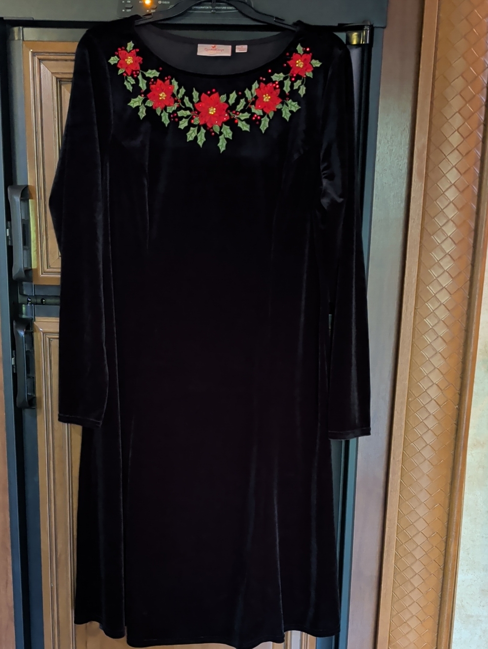 Black Velvet Midi Dress with Red Floral Poinsettias Embroidery Holiday